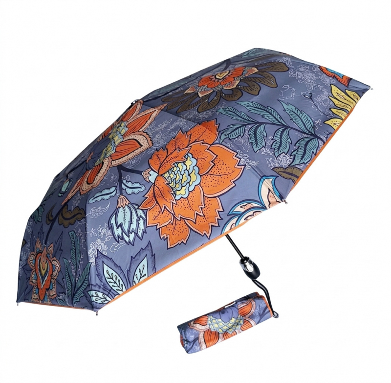 Parapluie pliant français Piganiol bleu imprimé floral ouvrant fermant BATIK FAR WEST - Léger & résistant