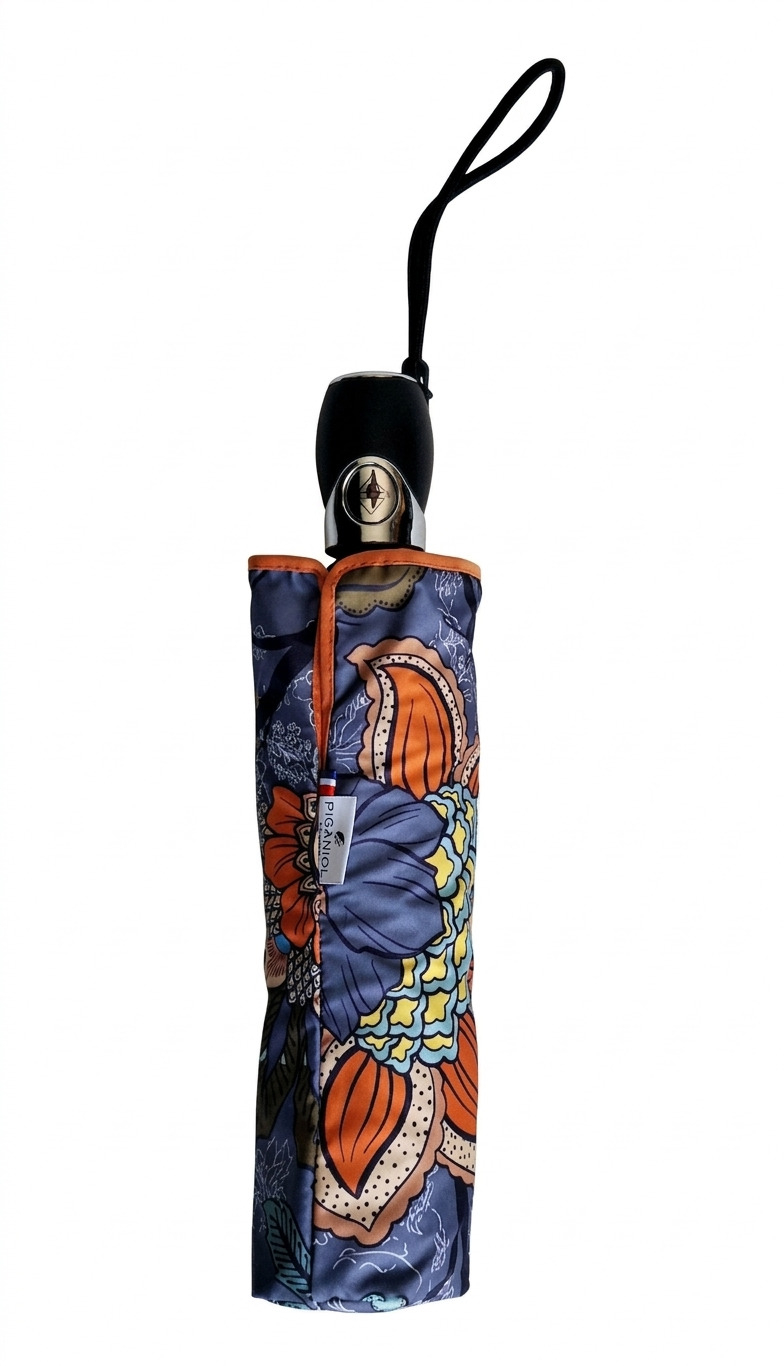 Parapluie pliant français Piganiol bleu imprimé floral ouvrant fermant BATIK FAR WEST - Léger & résistant