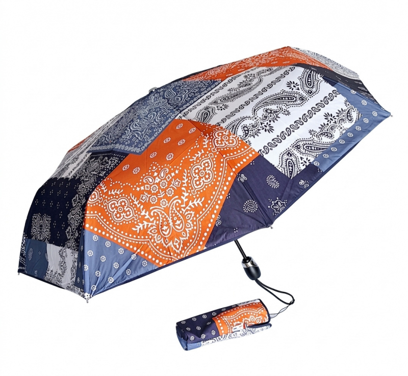Parapluie pliant français Piganiol bleu imprimé patchwork Camarguais ouvrant fermant PENNY LANE - Léger & résistant