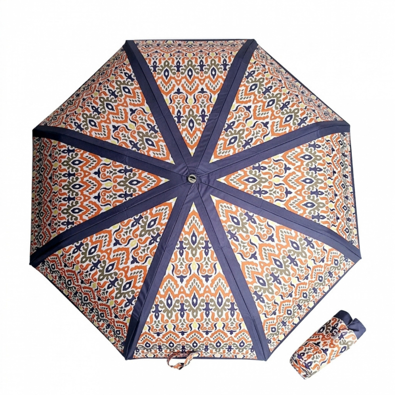 Parapluie pliant français Piganiol bleu imprimé coloré ouvrant fermant IKAT - Léger & résistant