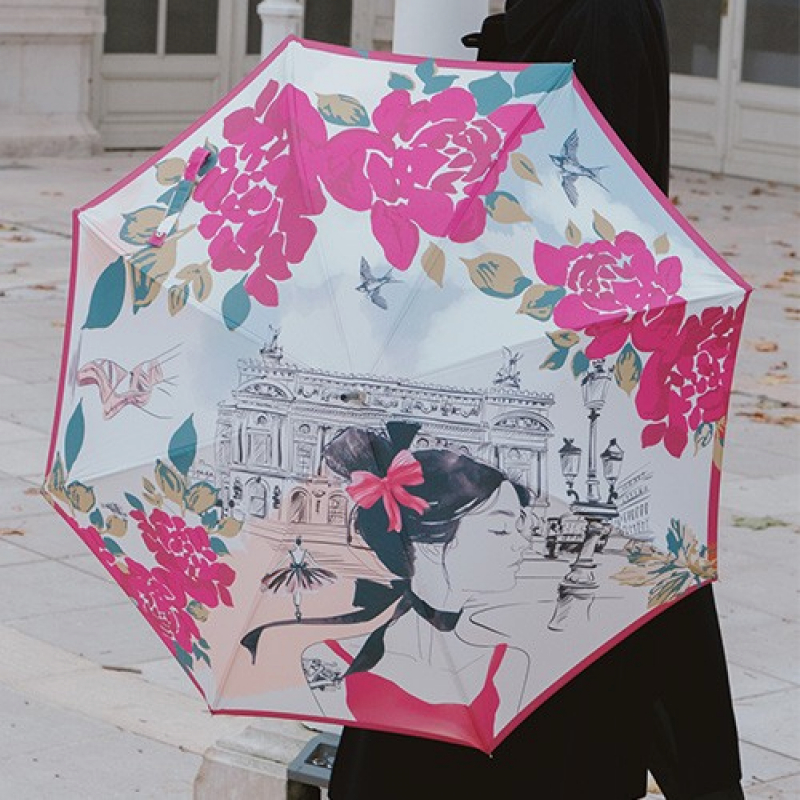 Parapluie pliant français Piganiol mini automatique blanc / rose imprimé Paris Opéra BALLERINE - Léger & résistant
