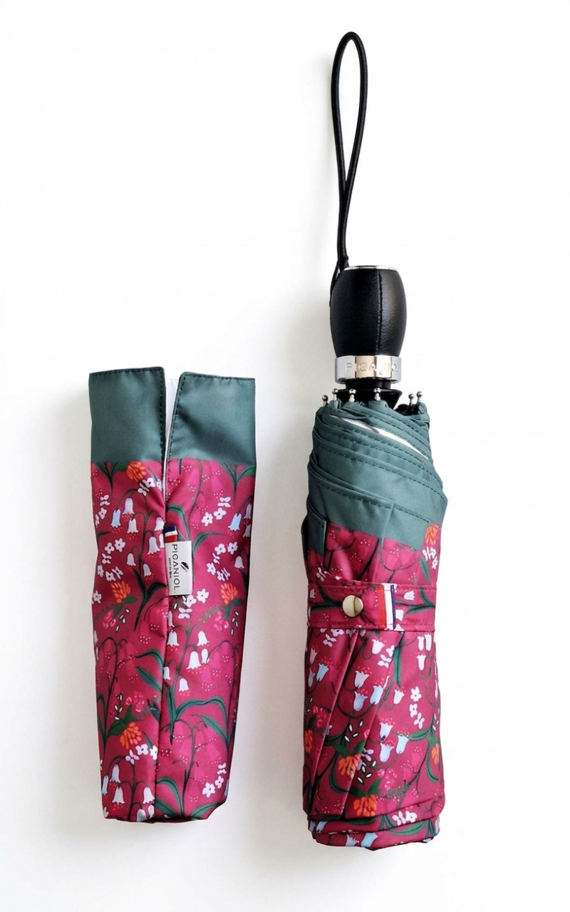 Parapluie pliant français Piganiol mini automatique fuchsia imprimé de MUGUET - Léger & résistant