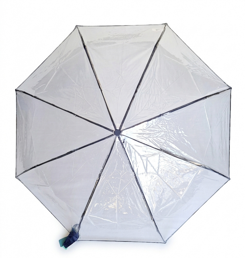 Parapluie transparent mini pliant manuel galon bleu petite poignée courbe - léger 250g & solide 