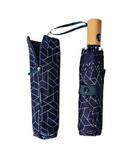 Mini parapluie pliant open-close imprimé carreaux bleu marine / ivoire pgn bois Ezpeleta - léger & solide