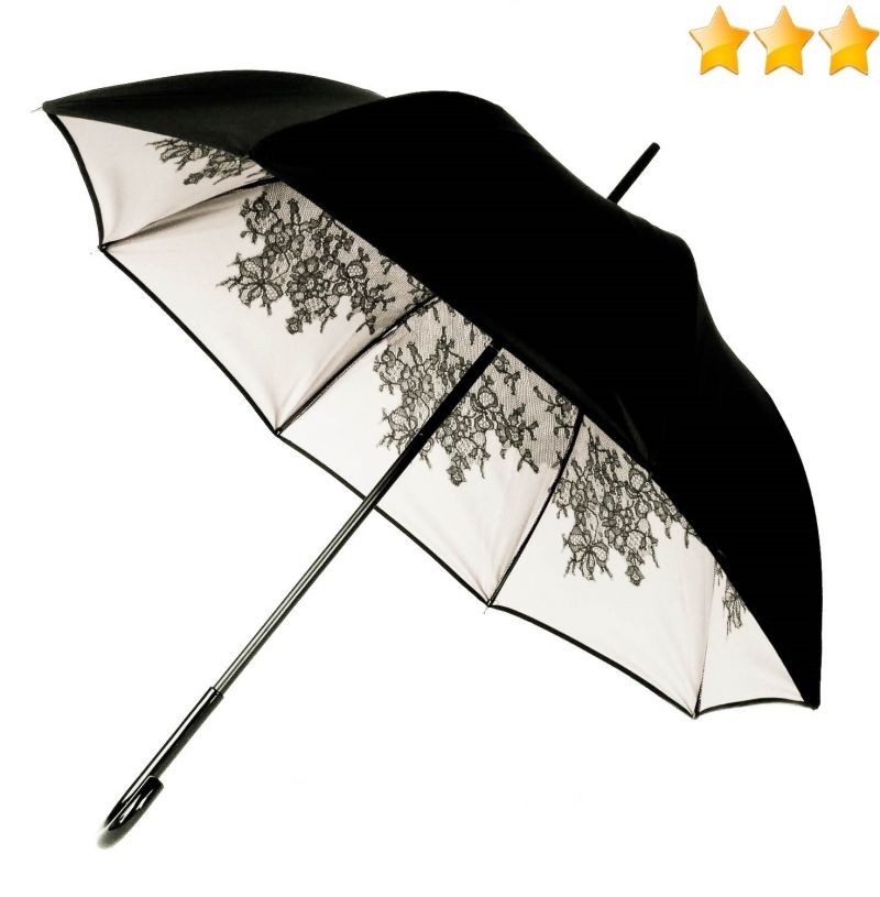 Parapluie de luxe Chantal Thomass long noir doublé blanc et son motif dentelle noire, classique, chic et résistant