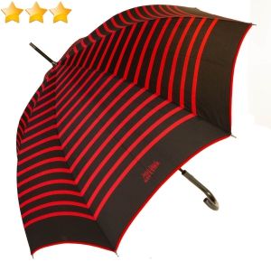 Parapluie Jean Paul Gaultier long automatique rouge rayé noir, grand et résistant