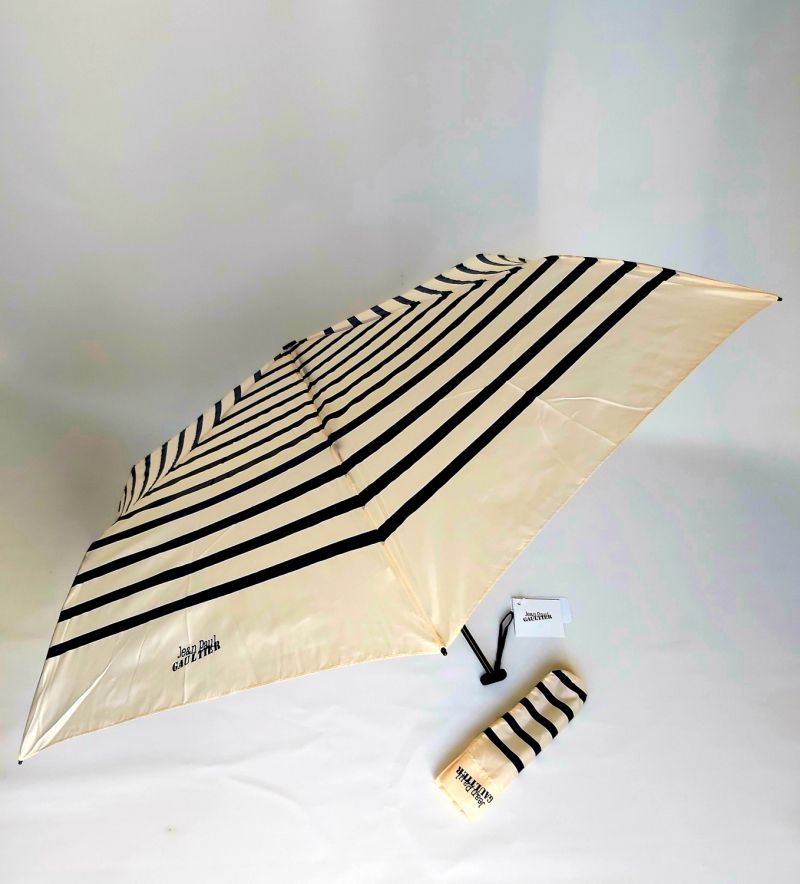 Mini PLUME 100g parapluie Jean Paul Gaultier extra plat manuel rayé ivoire & marine, Super léger