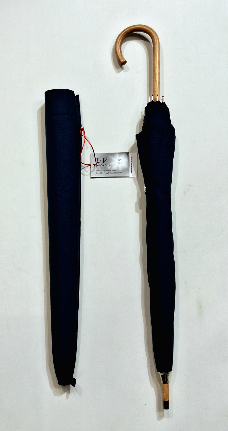 Ombrelle anti uv 100% droite en coton bleu marine manuelle sur un montage anglais en bois de chêne française