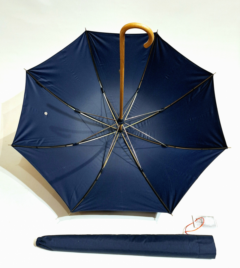 Ombrelle anti uv 100% droite en coton bleu marine manuelle sur un montage anglais en bois de chêne française
