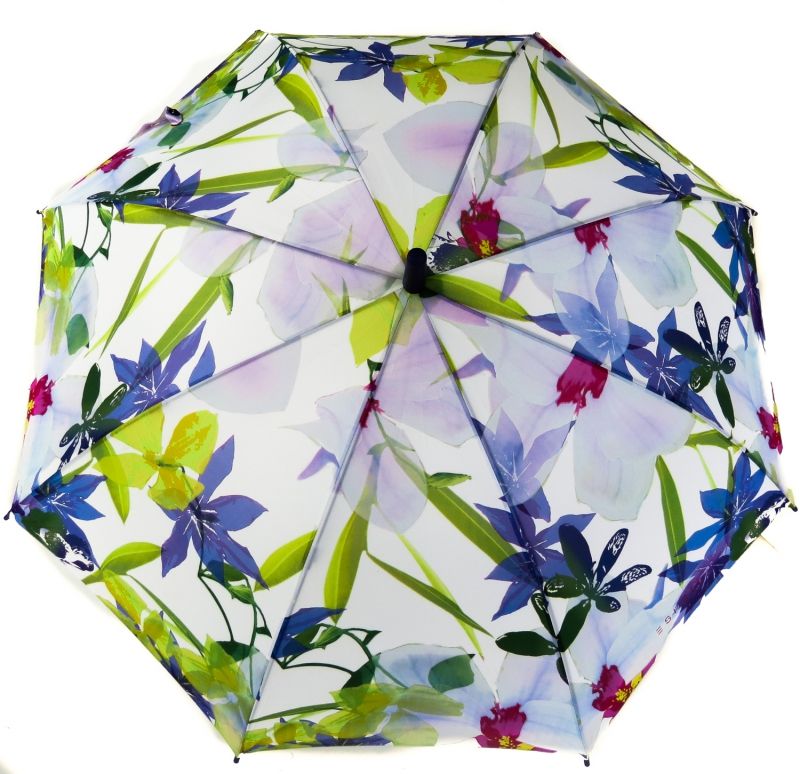 Grand parapluie long automatique à fleurs bleues, mauves et vertes sur fond blanc Happy rain Esprit, léger et solide