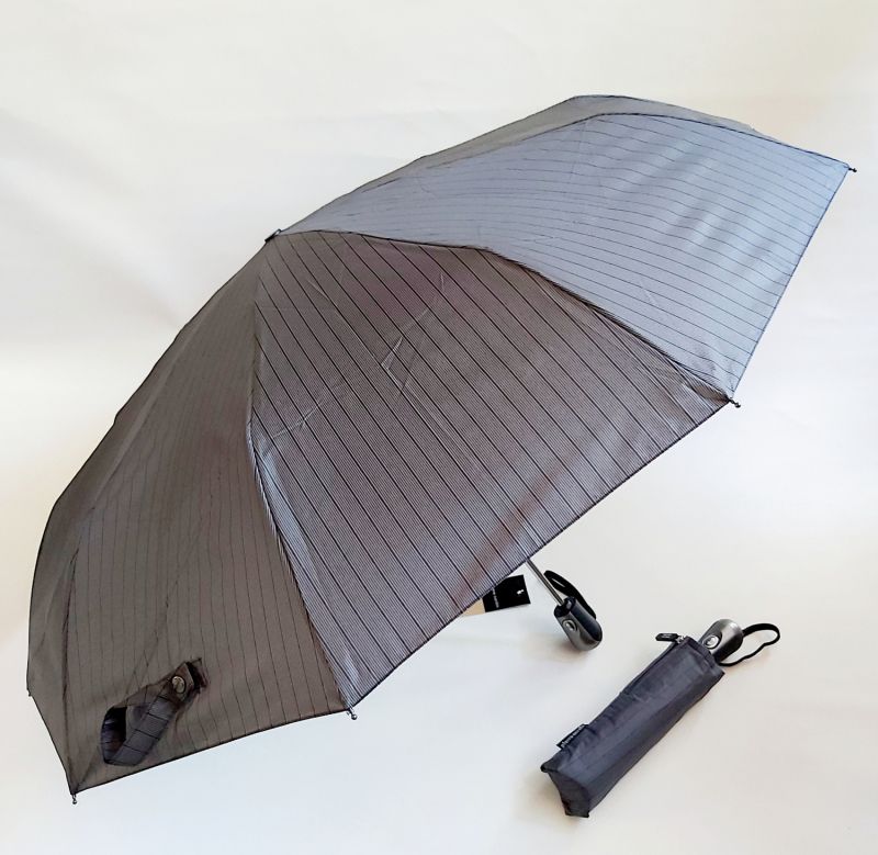 Mini parapluie pliable open-close gris à motif de fines rayures 10 baleines P. CARDIN, grand et robuste