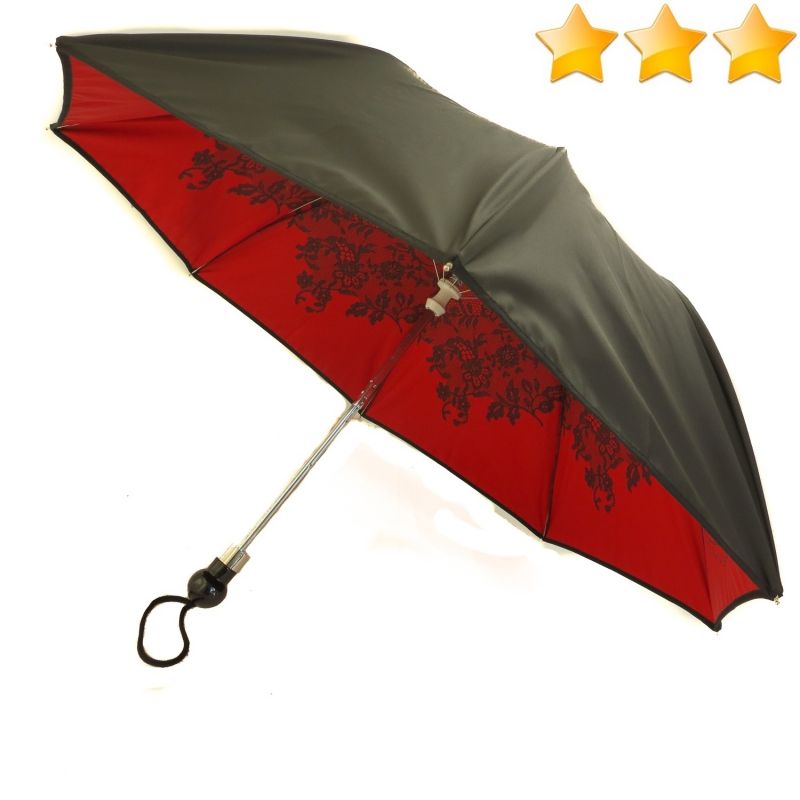 EXCLUSIVITE : Parapluie  Chantal Thomass pliant noir automatique doublé rouge à dentelles, robuste et élégant