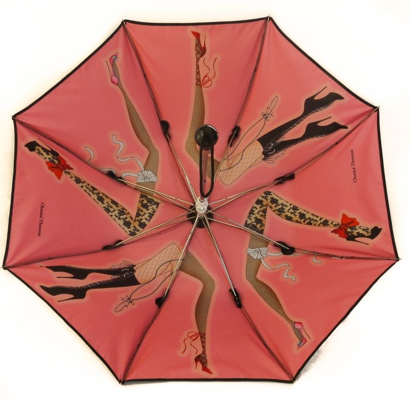 EXCLUSIVITE : Parapluie pliant Chantal Thomass de luxe noir doublé rose jambes glamour - anti vent & élégant