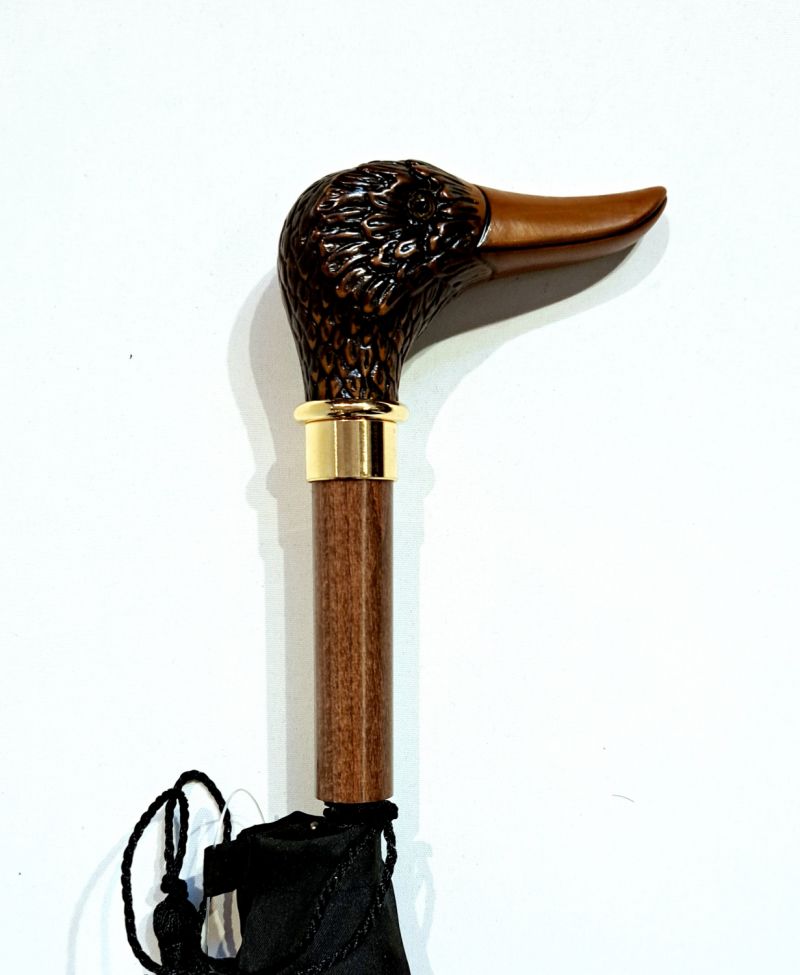 Parapluie à tête de canard long automatique noir poignée bois Guy de Jean - original & résistant