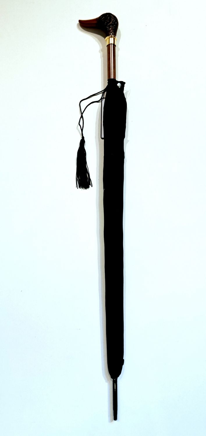 Parapluie à tête de LOUP long automatique noir poignée bois Guy de Jean - original & résistant