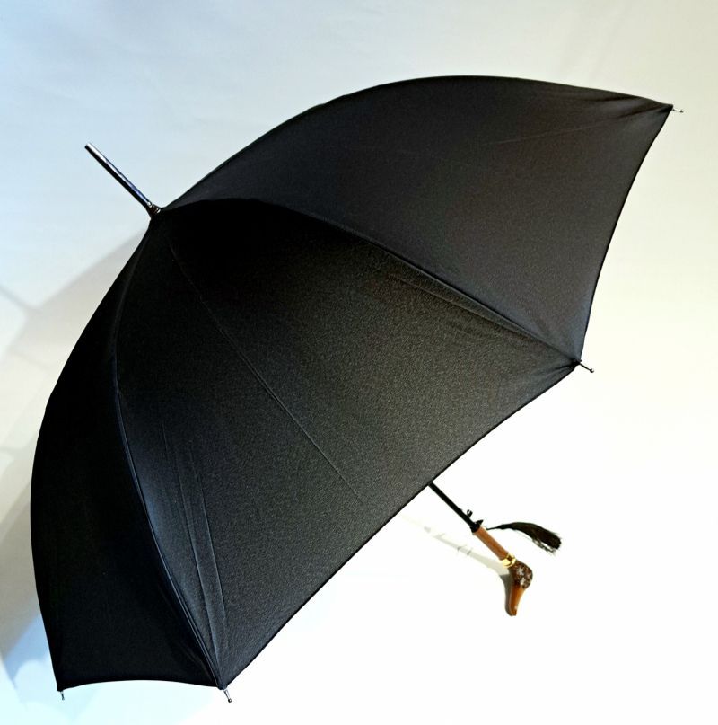 Parapluie à tête de canard long automatique noir poignée bois Guy de Jean - original & résistant
