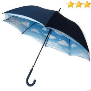 Parapluie long automatique anti uv à 100% bleu marine doublé de nuages bleu ciel français, léger et solide