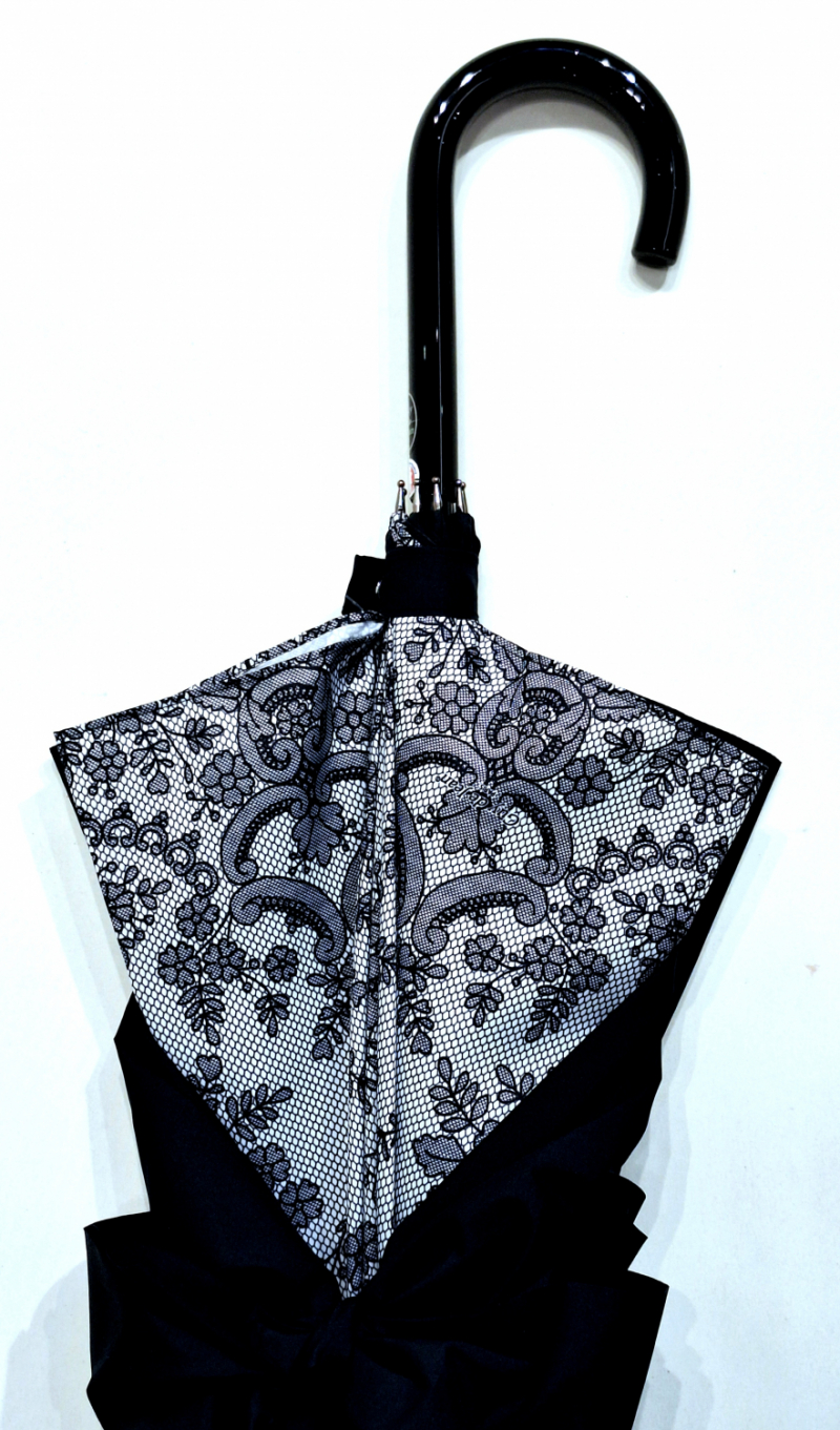 Parapluie Français de luxe long manuel noir à noeud et dentelle - élégant & résistant