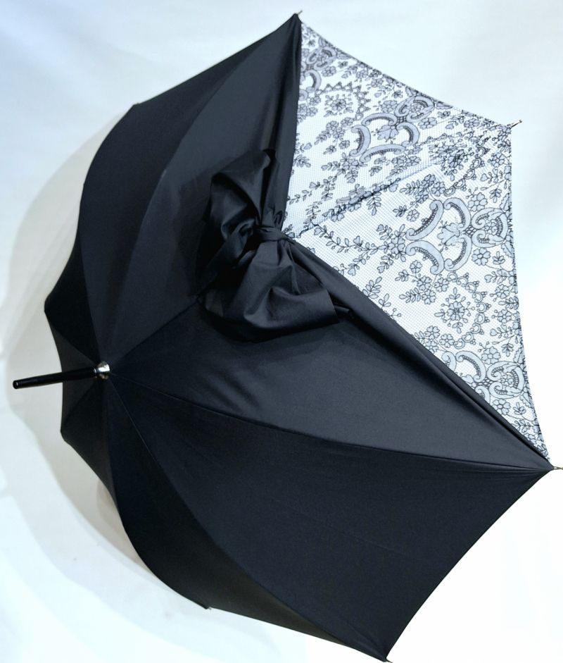 Parapluie Français de luxe long manuel noir à noeud et dentelle - élégant & résistant