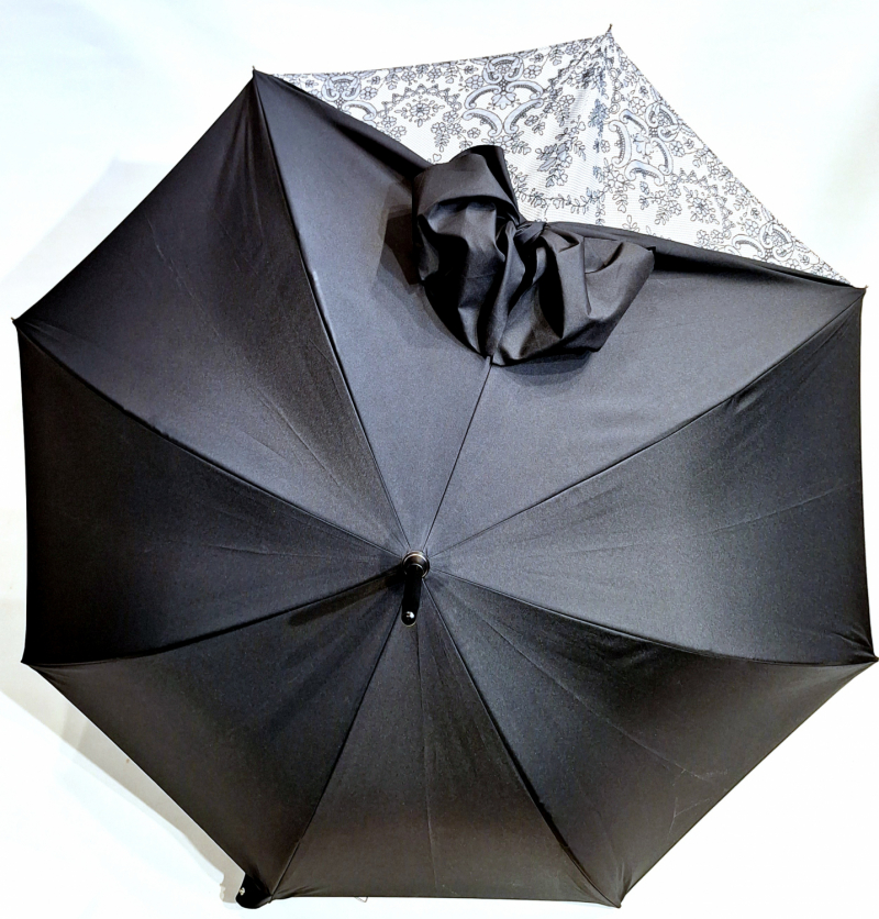 Parapluie Français de luxe long manuel noir à noeud et dentelle - élégant & résistant