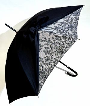 Parapluie Français de luxe long manuel noir à noeud et dentelle - élégant & résistant