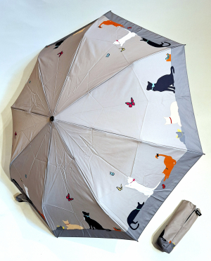 Mini parapluie pliant beige imprimé chats automatique ouvrant fermant Neyrat Autun - Léger & large