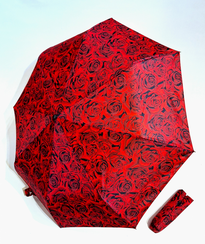 Parapluie pliant mini automatique rouge imprimé de roses - solide & pas cher