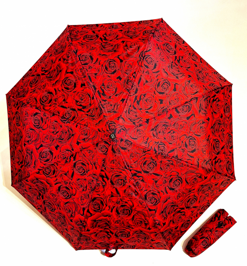 Parapluie pliant mini automatique rouge imprimé de roses - solide & pas cher