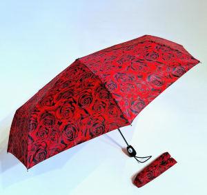 Parapluie pliant mini automatique rouge imprimé de roses - solide & pas cher