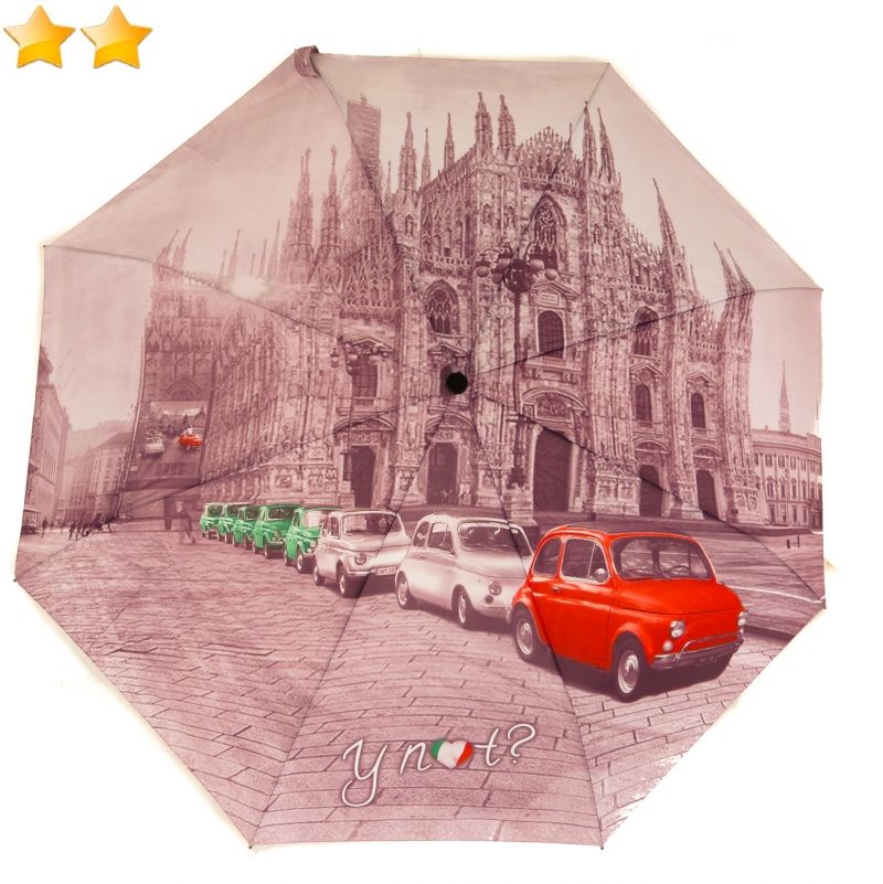Mini parapluie pliant gris open-close avec sa Fiat 500 rouge et la Cathédrale de Milan Esprit, léger et solide