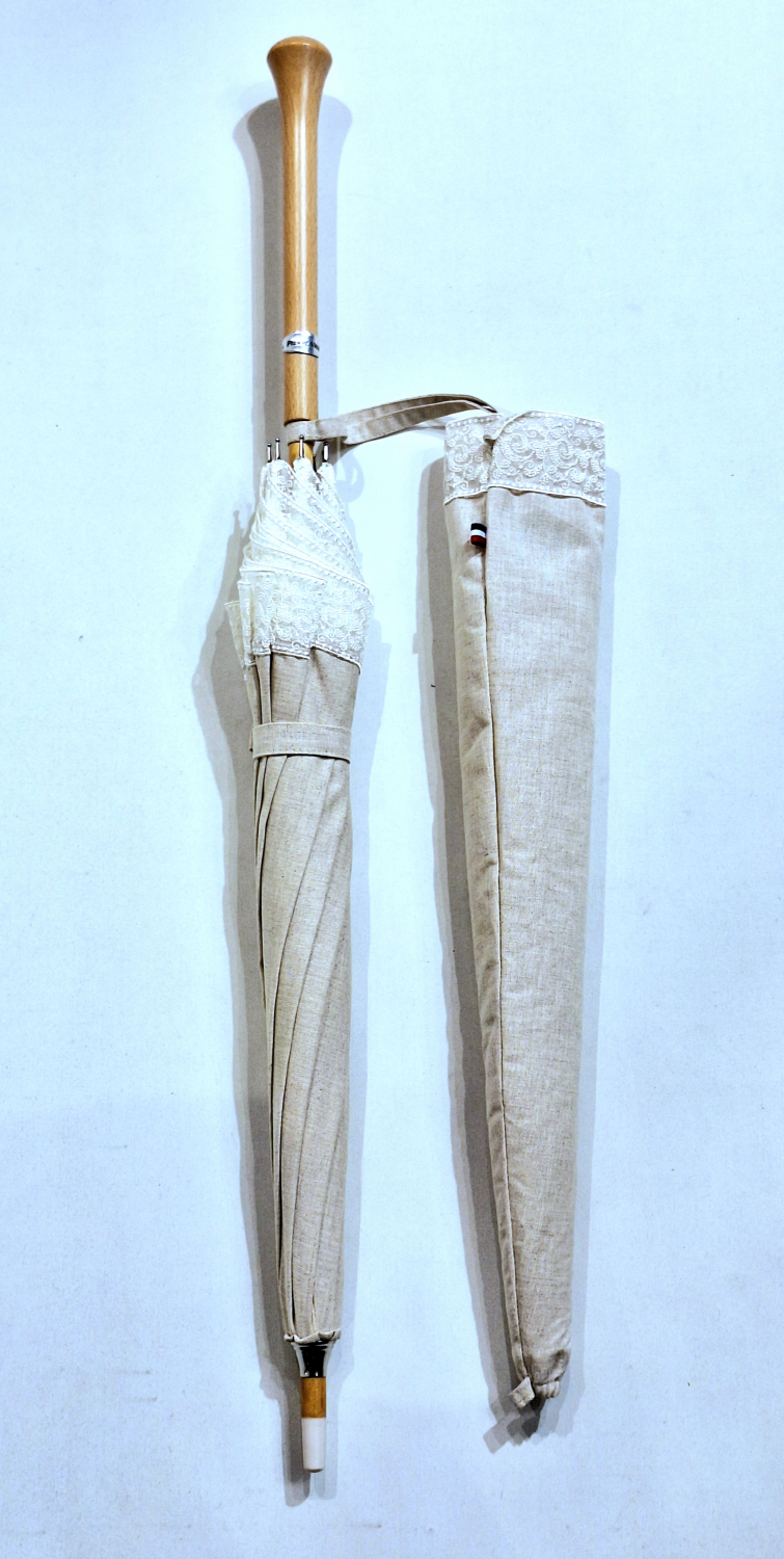 Ombrelle anti uv en lin naturel bordée dentelle blanche - Arabesque - blocage des rayons - Française 