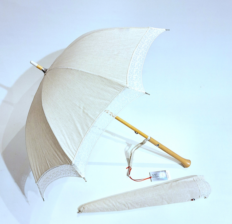 Ombrelle anti uv en lin naturel bordée dentelle blanche - Arabesque - blocage des rayons - Française 