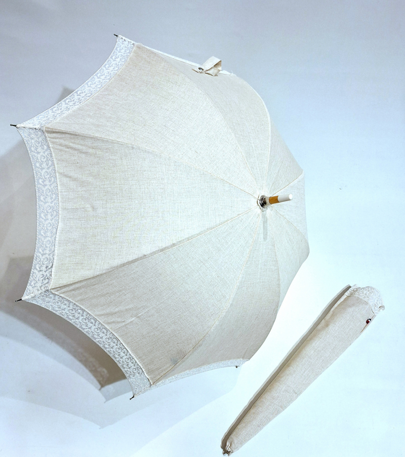 Ombrelle anti uv en lin naturel bordée dentelle blanche - Arabesque - blocage des rayons - Française 