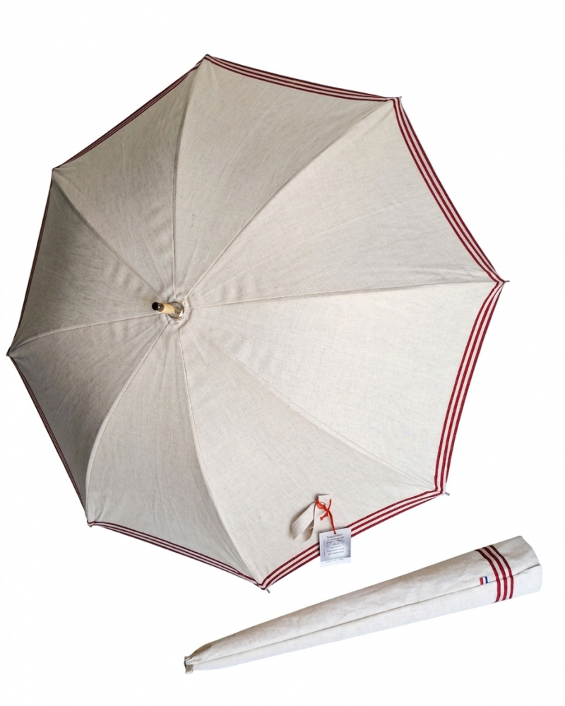 Ombrelle anti uv  en lin bordée galon marinière rouge montage anglais en chêne - blocage des rayons à 98%