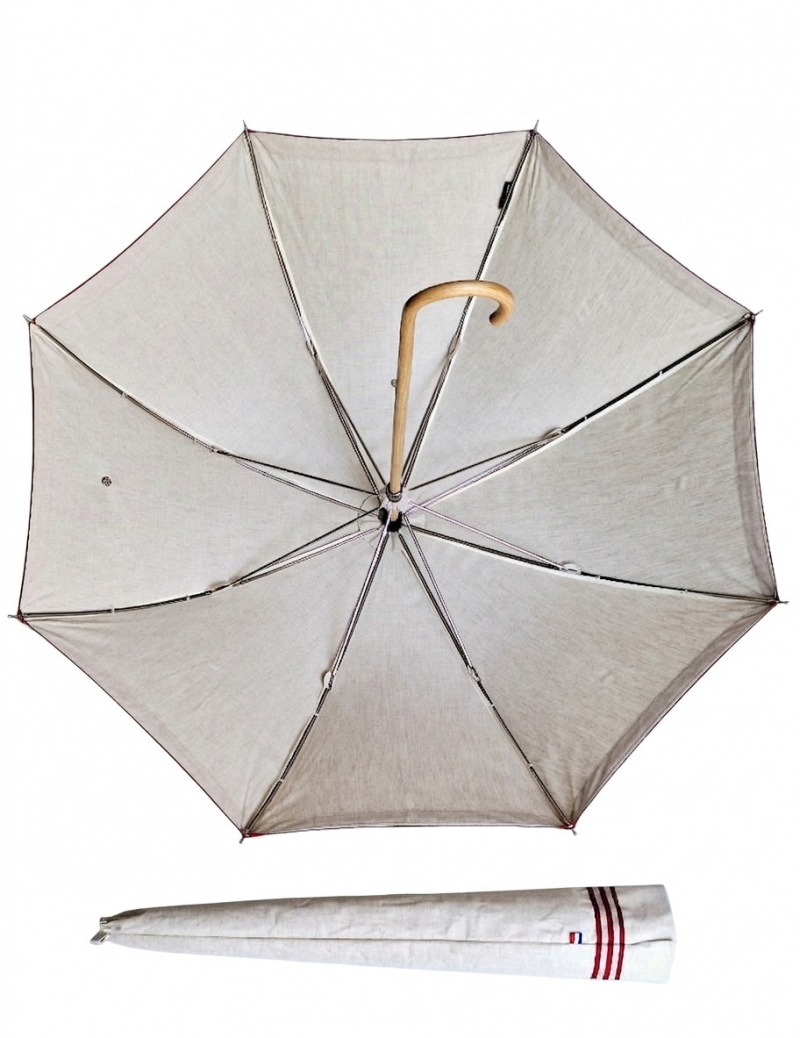 Ombrelle anti uv  en lin bordée galon marinière rouge montage anglais en chêne - blocage des rayons à 98%