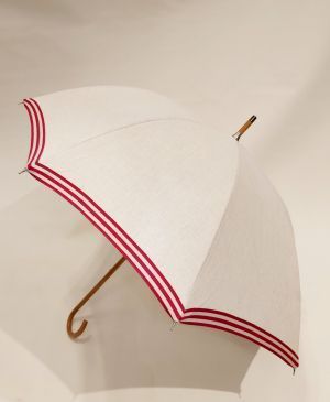 Ombrelle anti uv  en lin bordée galon marinière rouge montage anglais en chêne, blocage des rayons à 98%