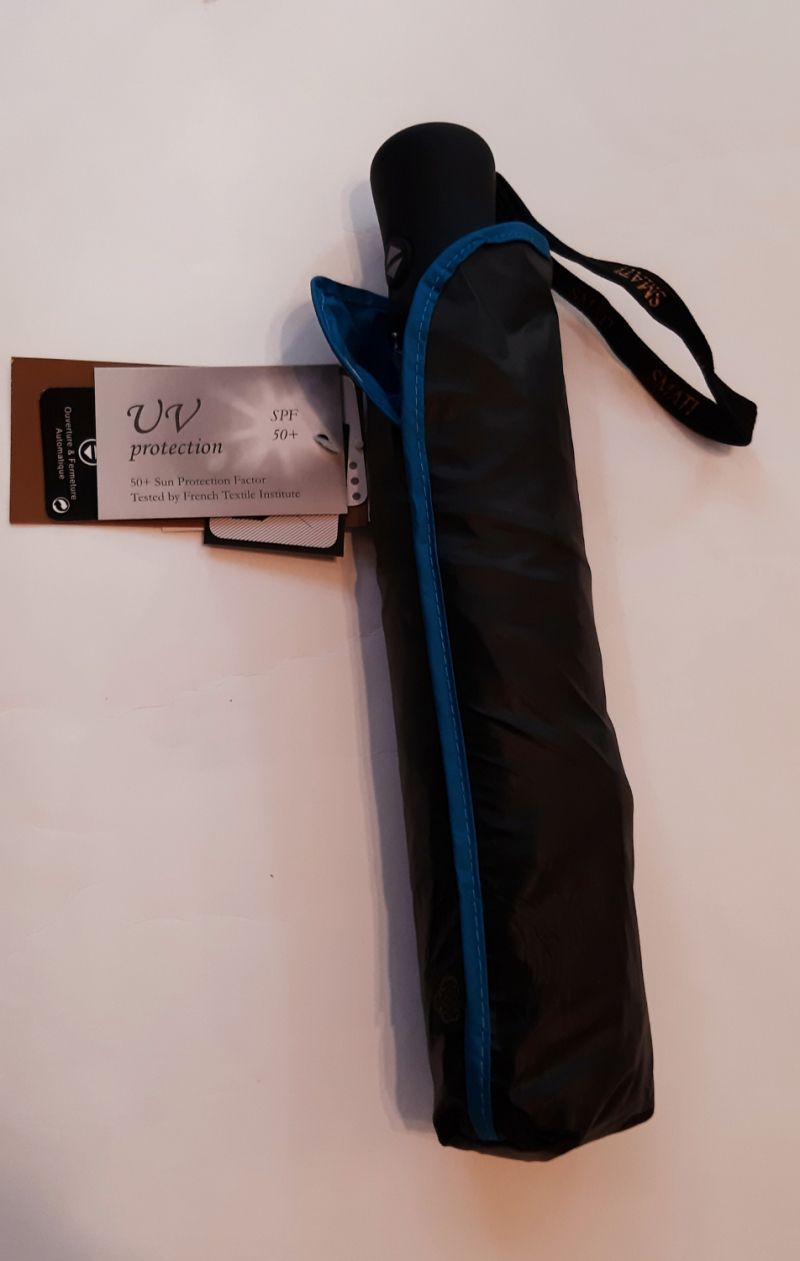 Parapluie anti uv UPF50+ mini pliant open-close doublé noir & bleu, léger et solide