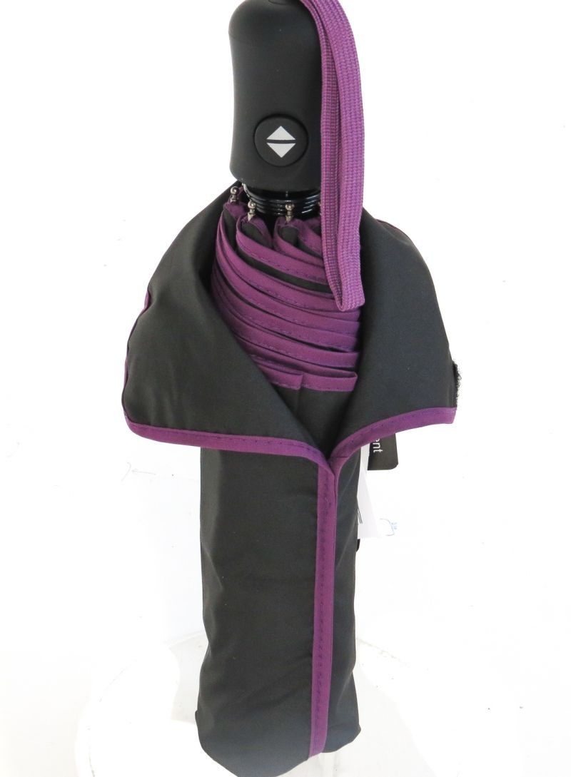 Mini parapluie pliant ouvrant fermant noir tissu recyclé bordé prune - Qualité pas cher -Smati