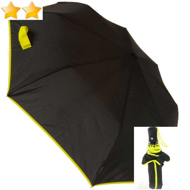 Mini parapluie pliant open-close noir bordé jaune Smati- Léger & pas cher