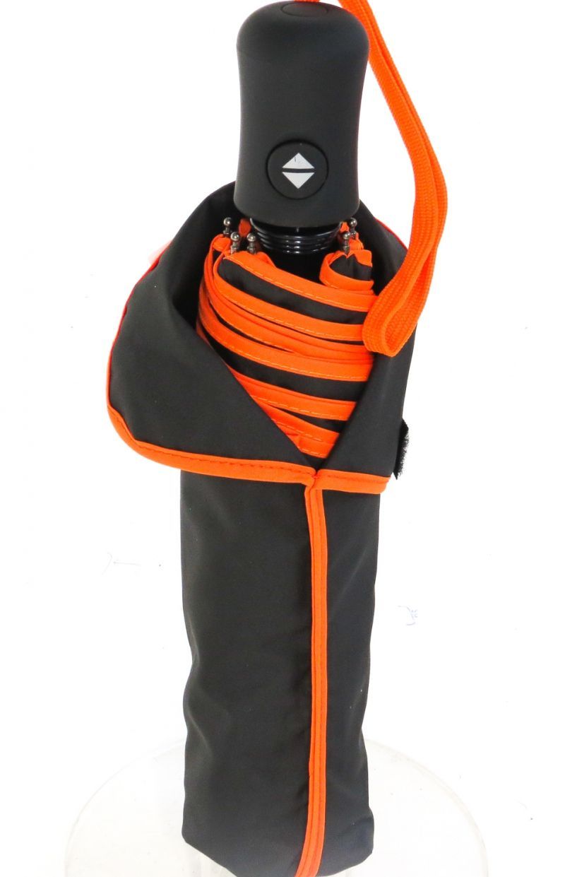 Mini parapluie pliant open-close noir tissu recyclé biais orange Smati - Léger & solide