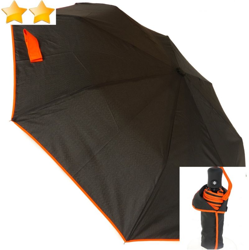Mini parapluie pliant open-close noir tissu recyclé biais orange Smati - Léger & solide