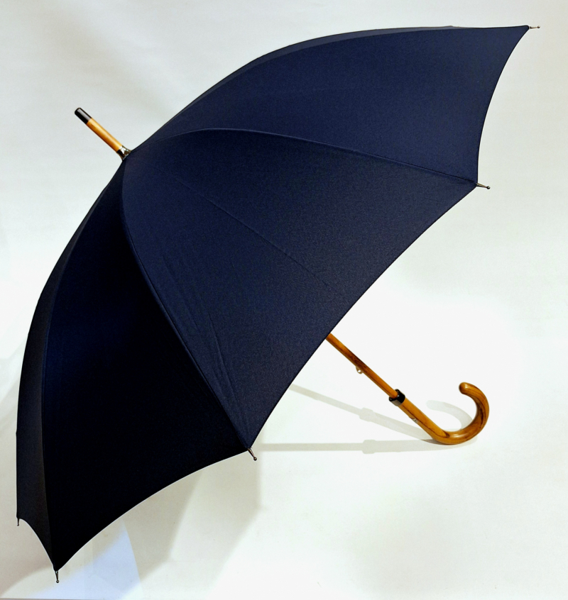 Parapluie long bleu marine français manuel 10 baleines / poignée courbe bois - Vaux - Grand & résistant