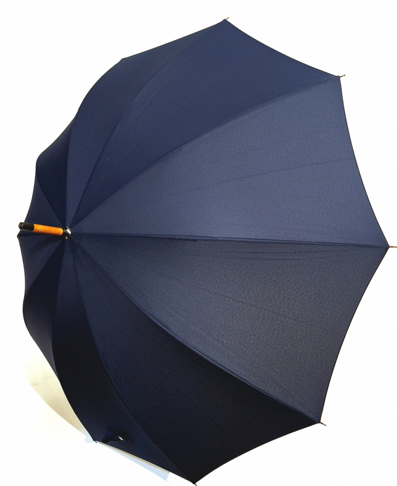 Parapluie long bleu marine français manuel 10 baleines / poignée courbe bois - Vaux - Grand & résistant