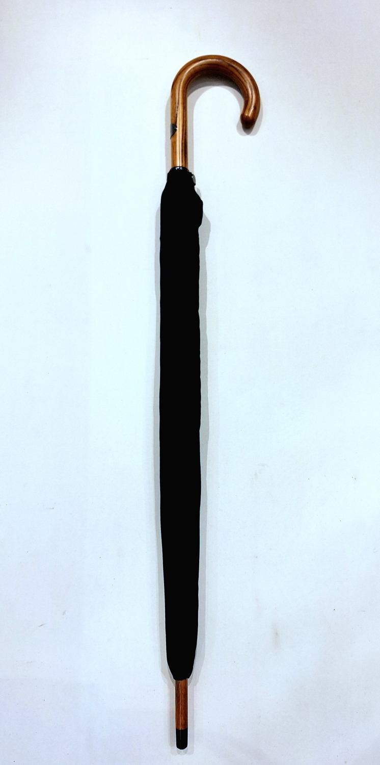 Parapluie long bleu marine français manuel 10 baleines / poignée courbe bois - Vaux - Grand & résistant