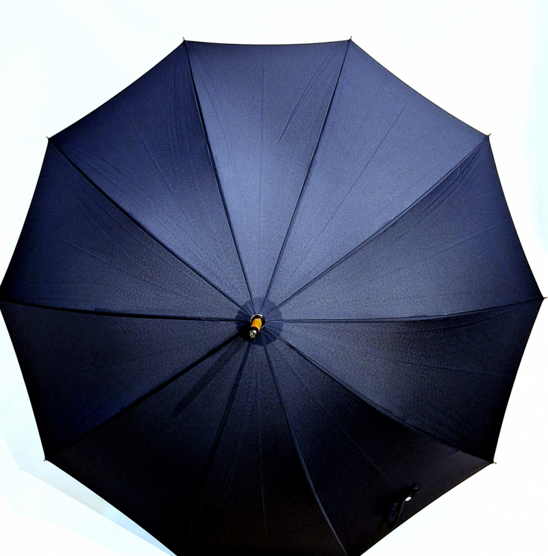 Parapluie long bleu marine français manuel 10 baleines / poignée courbe bois - Vaux - Grand & résistant