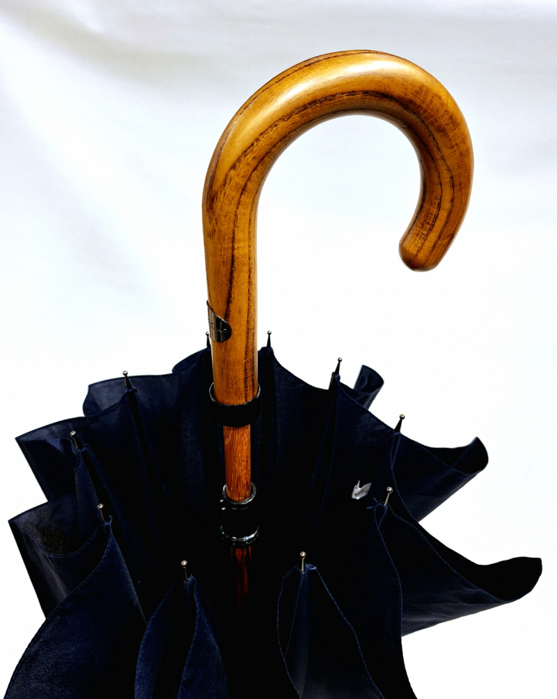 Parapluie long bleu marine français manuel 10 baleines / poignée courbe bois - Vaux - Grand & résistant