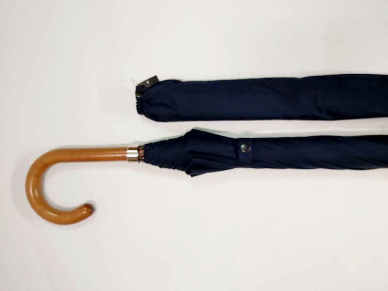 Parapluie long bleu marine français manuel 10 baleines / poignée courbe bois - Vaux - Grand & résistant