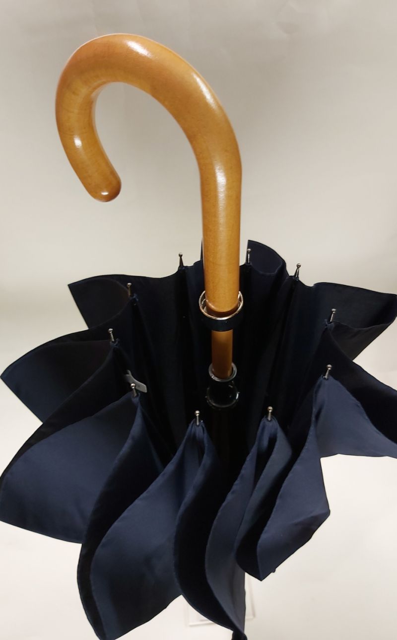 Parapluie long bleu marine français manuel 10 baleines / poignée courbe bois - Vaux - Grand & résistant