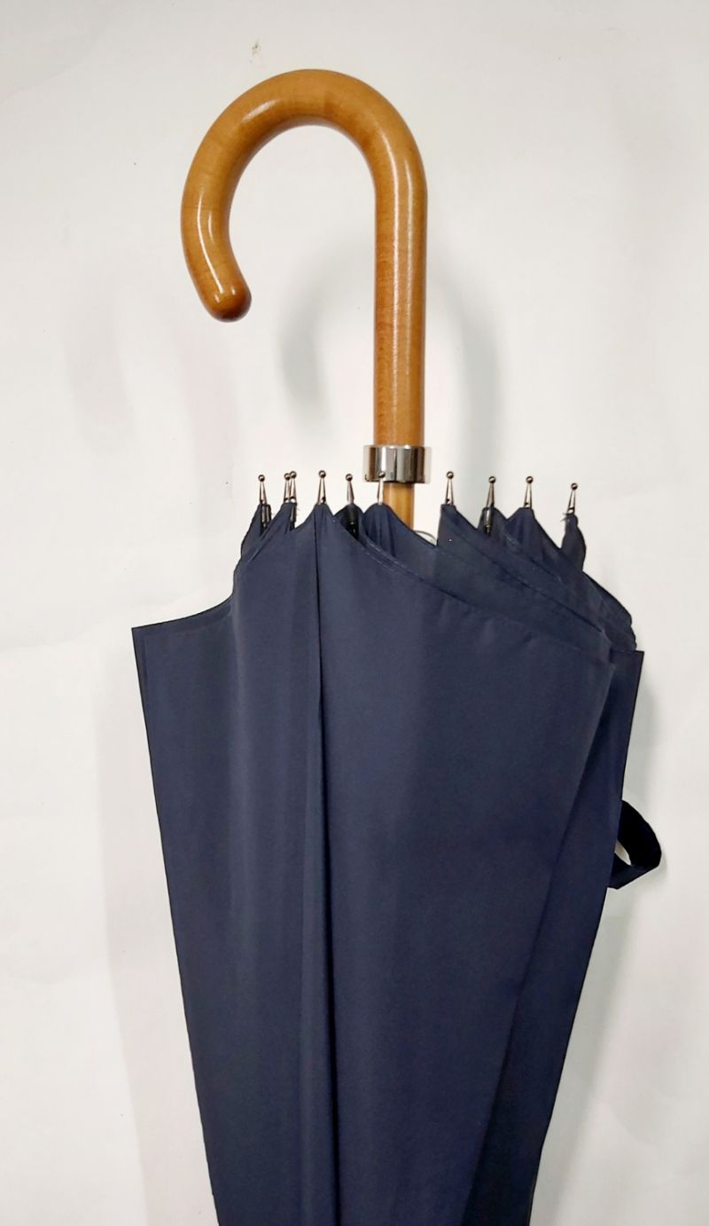 Parapluie long bleu marine français manuel 10 baleines / poignée courbe bois - Vaux - Grand & résistant