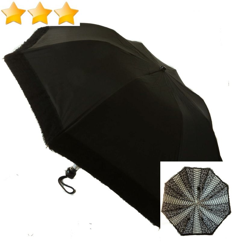 EXCLUSIVITE : Parapluie pliant Chantal Thomass noir doublé blanc bord volant